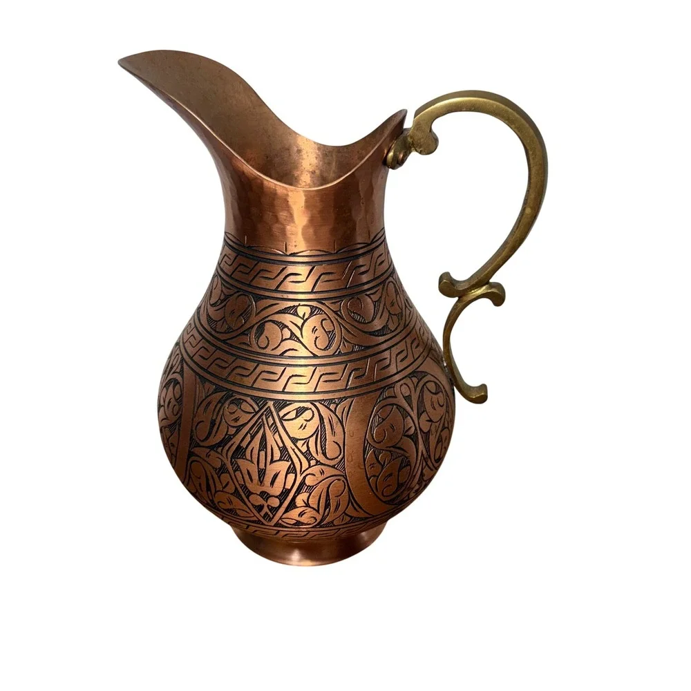 DEMMEX Engraved Turkish Copper Pitcher Handmade Ewer Vessel‎ Vase Folk moroccan